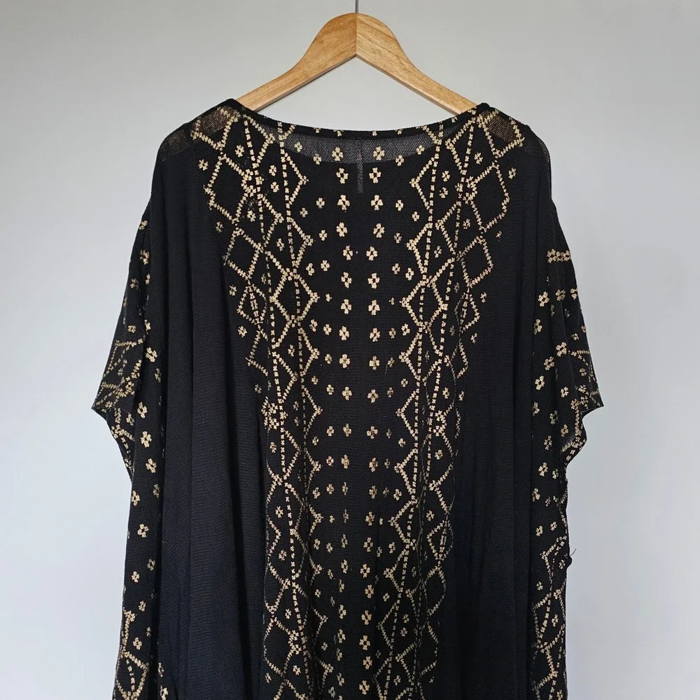 Free People Poncho L Women Black Gold Metallic Lightweight Oversized Draped Chic